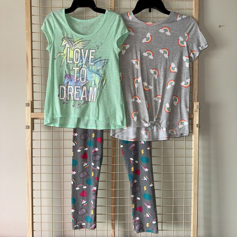 Girls L (10-12)  Unicorns & Rainbows 3 Pc Outfit Set 1 Leggings 2 Tshirts